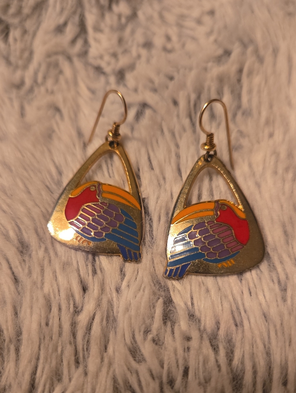 Vintage Laurel Burch Toucan Colorful Bird Enamel Dangle Earrings